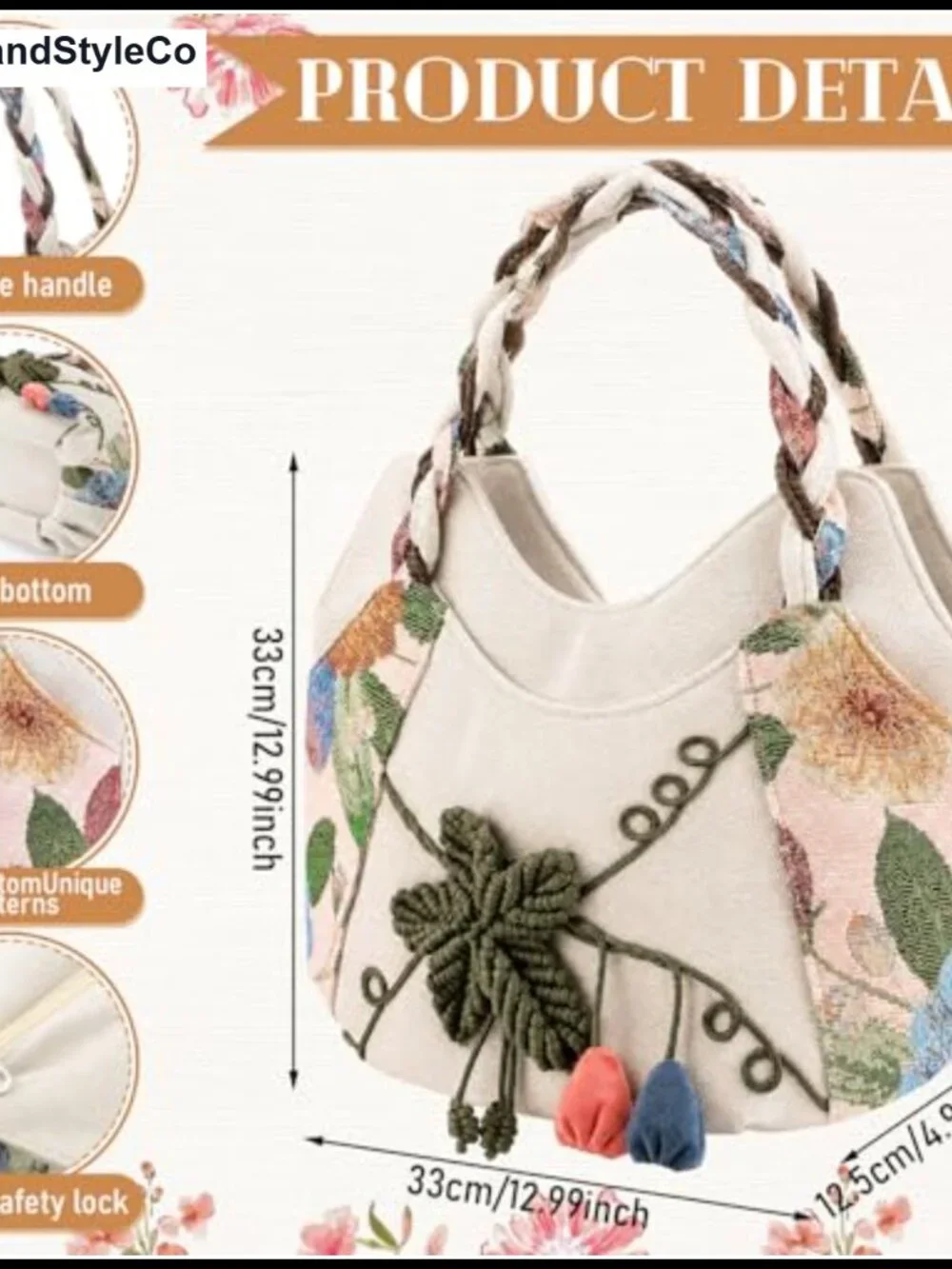 Vintage Embroidered Cotton Canvas Tote Bag with Multi Pockets, Hand Strap,
